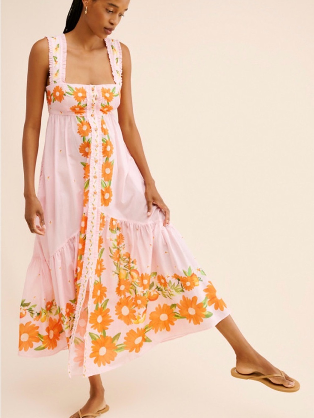 FARM Rio Pink Maxi Dress with Orange Floral Border